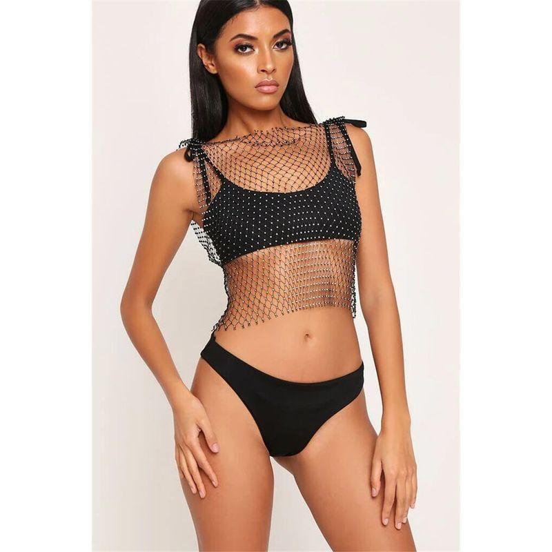 Mesh Rhinestone Top Sleeveless Vest V Neck T-shirt