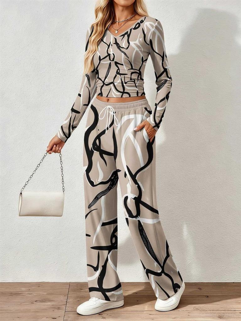 Floral pattern printed women's V-neck long-sleeved trousers set Comfortable casual versatile slim two-piece set