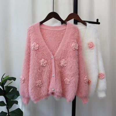 2025 Autumn and Winter New Korean Version Loose Three-dimensional Flower Imitation Mink Fleece Sweater Jacket Women's Soft Waxy Knitted Cardigan Tide