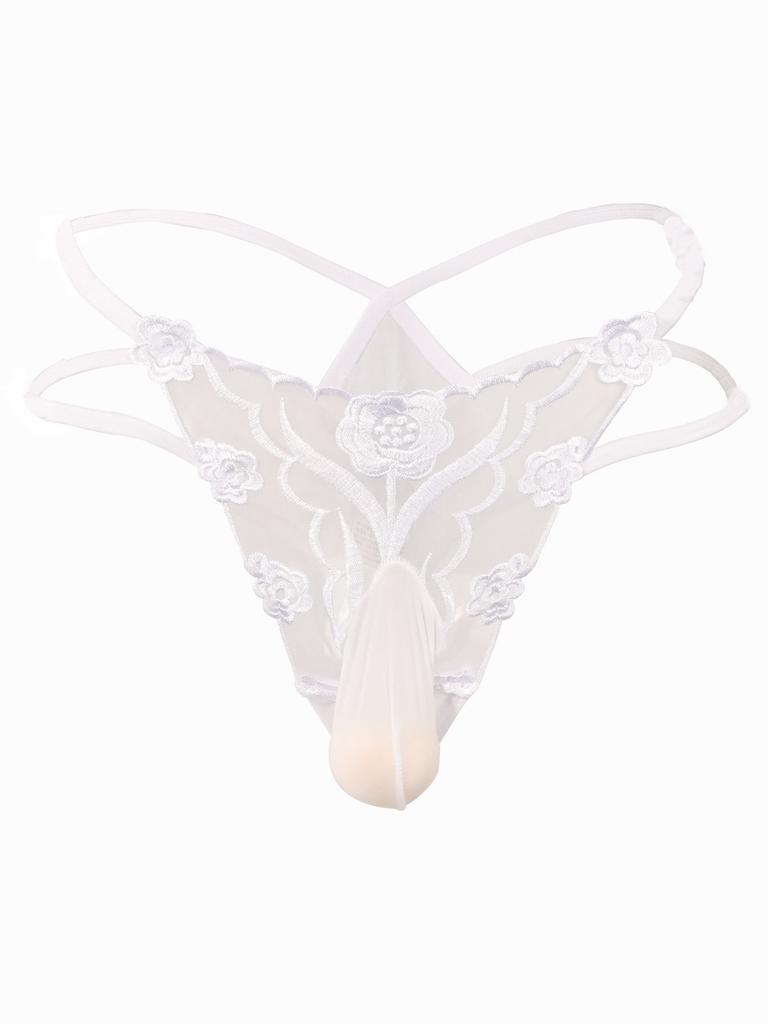 Pantaloni corti trasparenti in pizzo ricamato Guaina per pene da uomo Perizoma erotico Bikini sissy trasparente Lingerie traspirante Abbigliamento da notte per gay