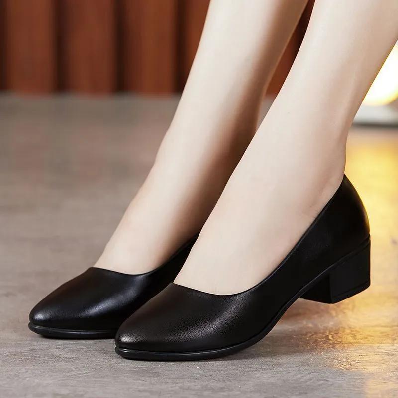 women fashion round toe black leather slip on daily elegant pumps lady casual comfort spring & summer shoes ba425
