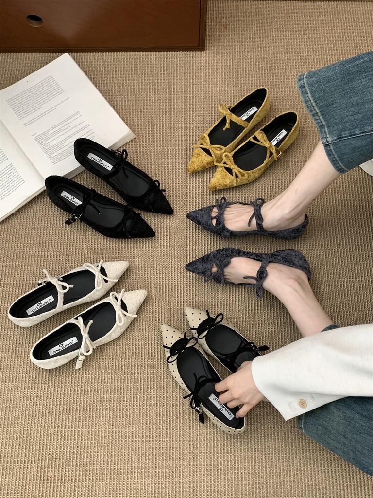 Französischer Samt Innenhöhenerhöhung Mary Jane Schuhe Mädchen 2025 neu Feenwind sanfte Schleife hohle Ballerina Damenschuhe