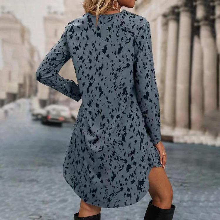 Women Leopard Print Long Sleeve Standing Collar Dress Spring Summer Fashion