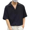 Spring Men Shirt Turn-down Collar Striped V Neck Loose Single-breasted Solid Color Baggy Loose Soft Breathable Short Sleeves Mal