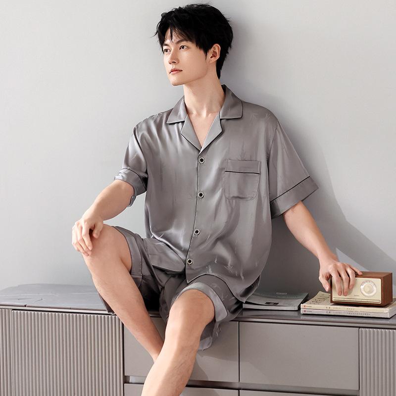 Men's ice silk pajamas short-sleeved shorts summer thin simple cardigan high-end simulation silk loungewear set