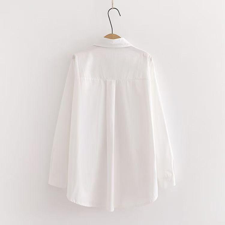 New Women's Tie Shirt, Autumn Long-sleeved White Shirt, Embroidered Shirt