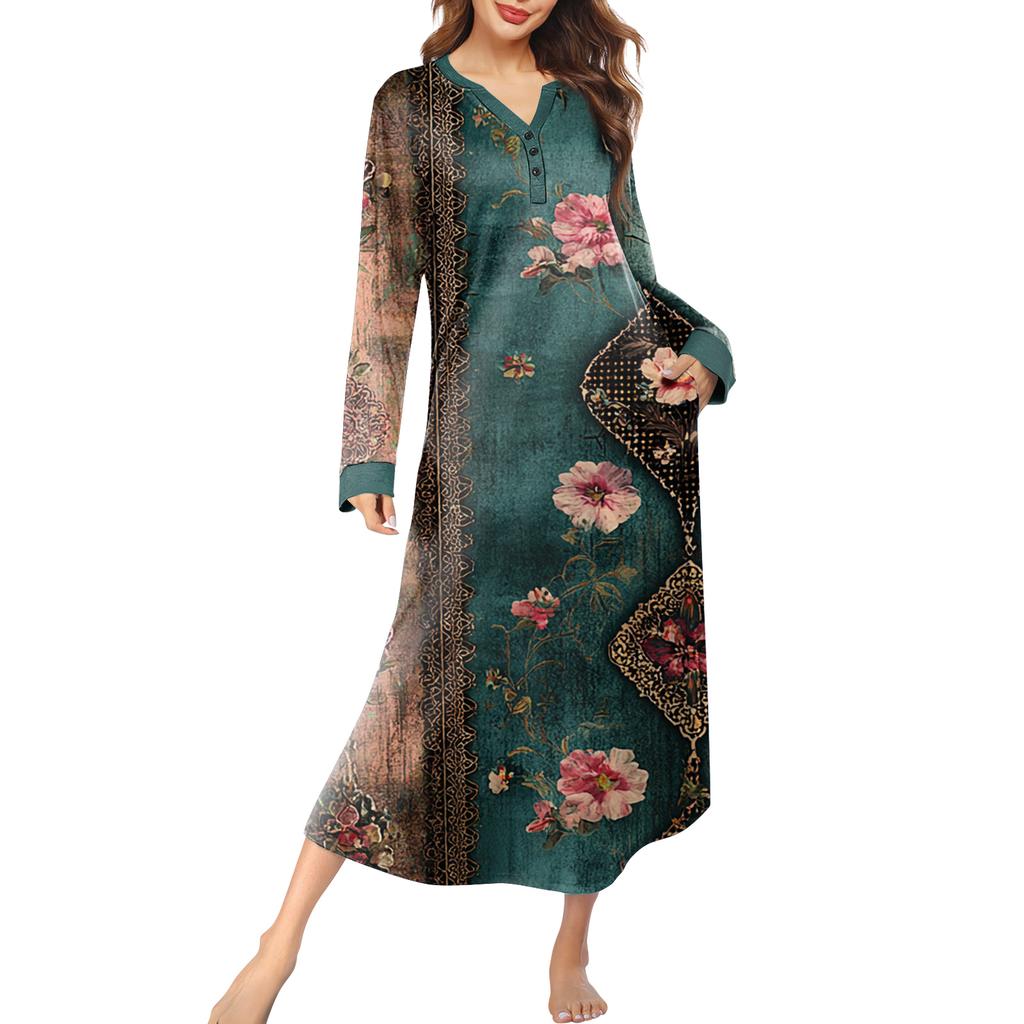 Women's Nightgown Long Loungewear V-neck Nightdress With Pockets