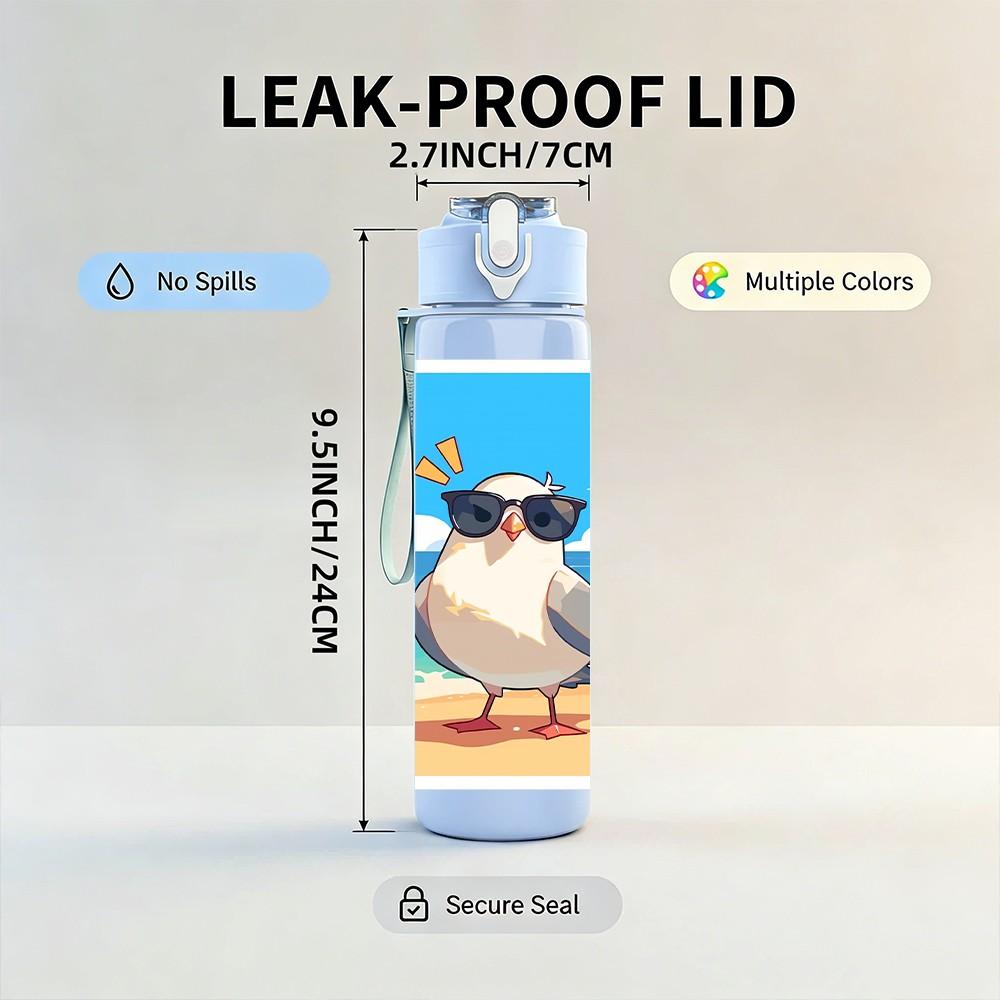 1PC Seagull On Beach Coast Scenery Print 750ml Color Plastic Sports Water Bottle Leakproof Flip Straw Lid Suitable for Sports Office Home Use