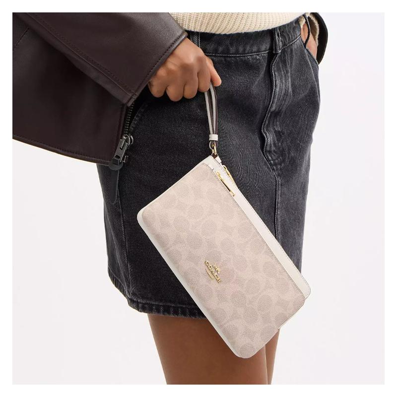 COACH etter Logo Closure Double Zipper Signature Coated Canvas and Leather Wallet Women's Pink and White Pink and white