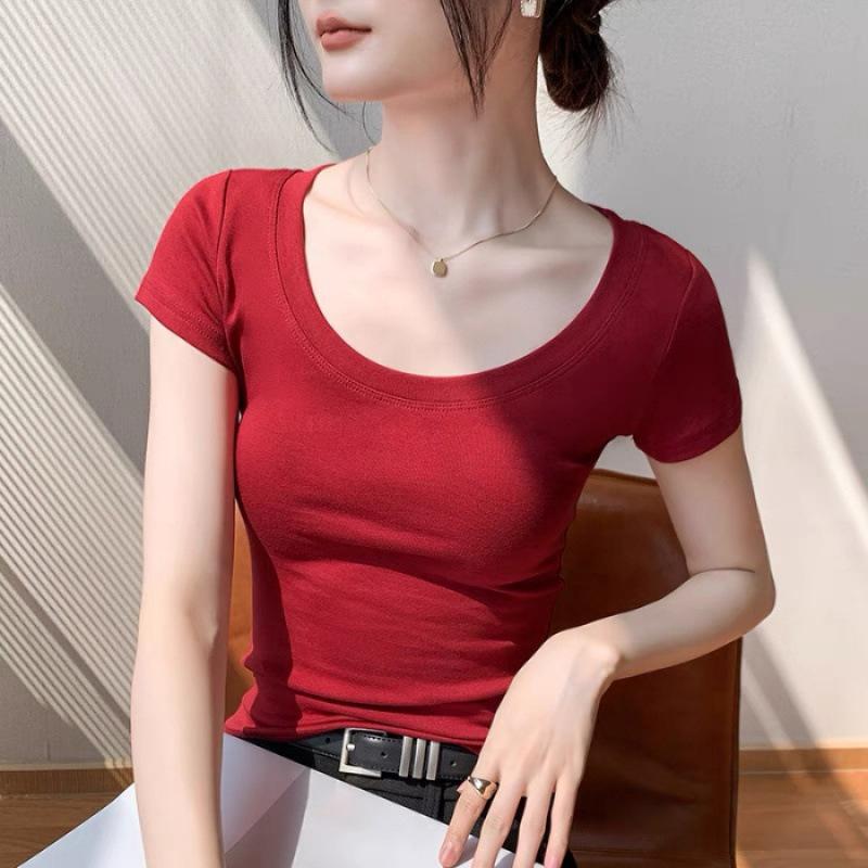 Slim-fit short-sleeved T-shirt women's summer new shoulder pure cotton waist-thin top large neckline bottoming shirt