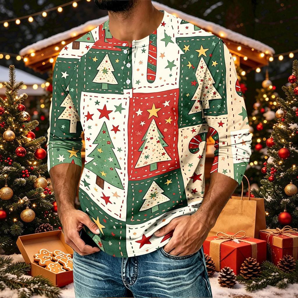 Men's Casual Shirt with Raglan Three-Quarter Sleeves, Christmas Print