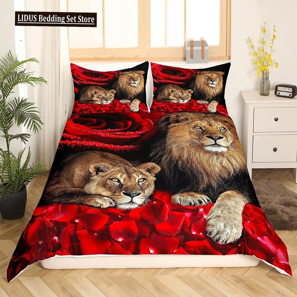 Lion Rose Duvet Cover Sets King Size Animal Floral Print Polyester Comforter Cover Nature Theme Bedding Set For Kids Adult Teens
