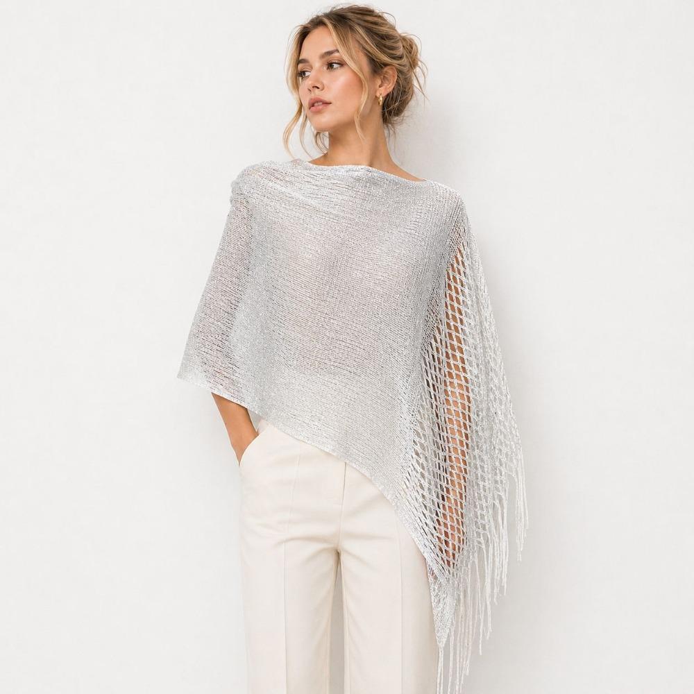 Women Glitter Mesh Tassel Hollow Knit Shawl, Gold Silver Yarn Fashion Wrap for Dinner Party Spring Summer
