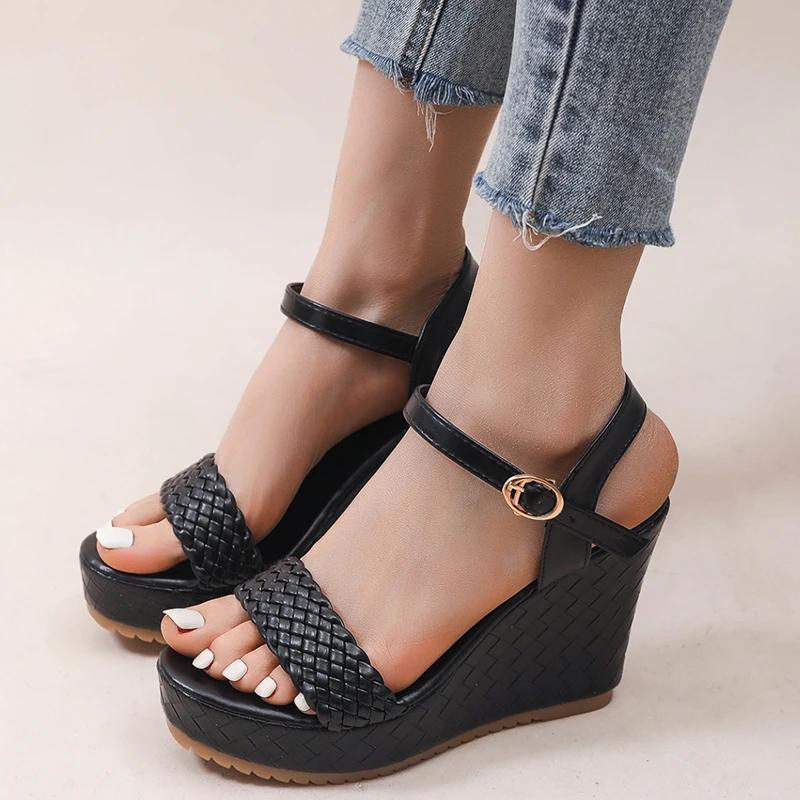 Fashion Woven Pu Leather Black Sandals for Women Summer 2025 Back Strap High Heel Sandal Female New Open Toe Platform Sandalias Mujer
