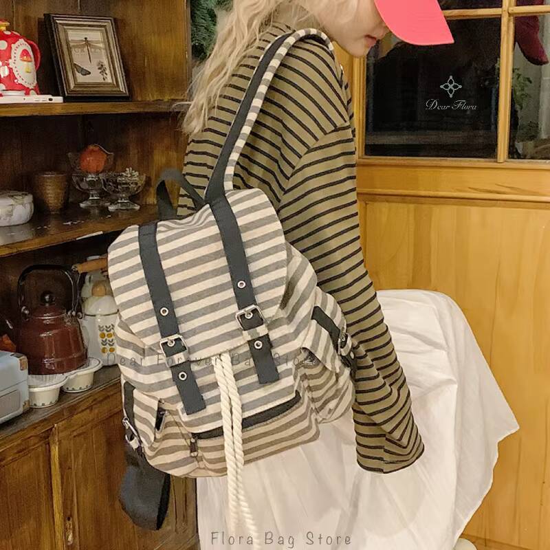 New Y2K Korean Striped Drawstring Backpack Fashion Women'S Kpop School Bag Rucksack Large Capacity Versatile Knapsack Travel Bag