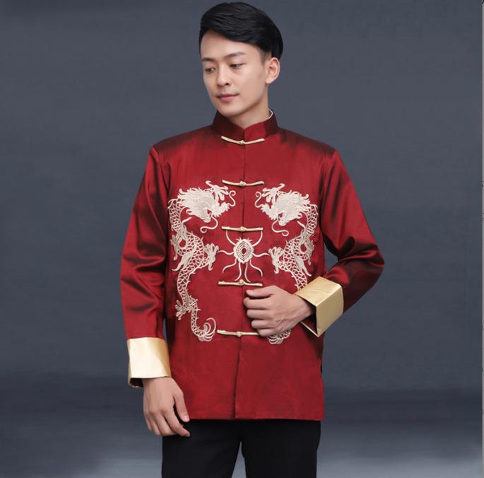 Men's Bright Red Embroidered Dragon Tang Suit Jacket - Long Sleeve, Stand Collar, Double Layer, Open Front Retro Design for New Year Performance.