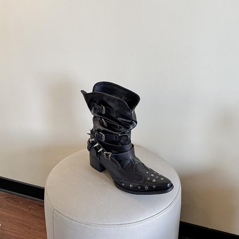Martin boots women's 2025 summer British style square head thick heel rivet short boots western cowboy boots