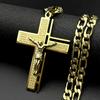 Jesus Kreuz Kruzifix Anhänger Halskette für Männer Edelstahl Goldfarbe Christlich Spanisch Vaterunser Figaro Kette Schmuck
