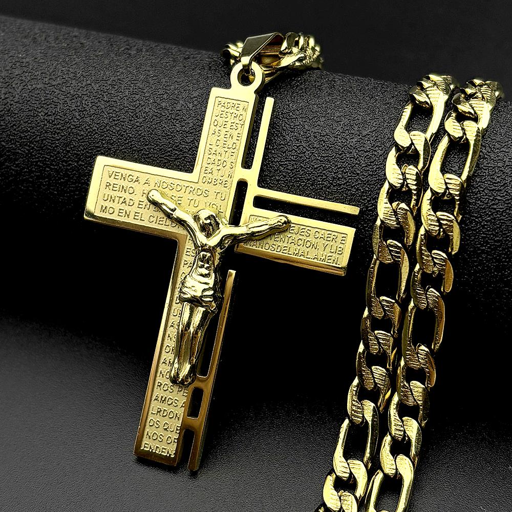 Jesus Kreuz Kruzifix Anhänger Halskette für Männer Edelstahl Goldfarbe Christlich Spanisch Vaterunser Figaro Kette Schmuck