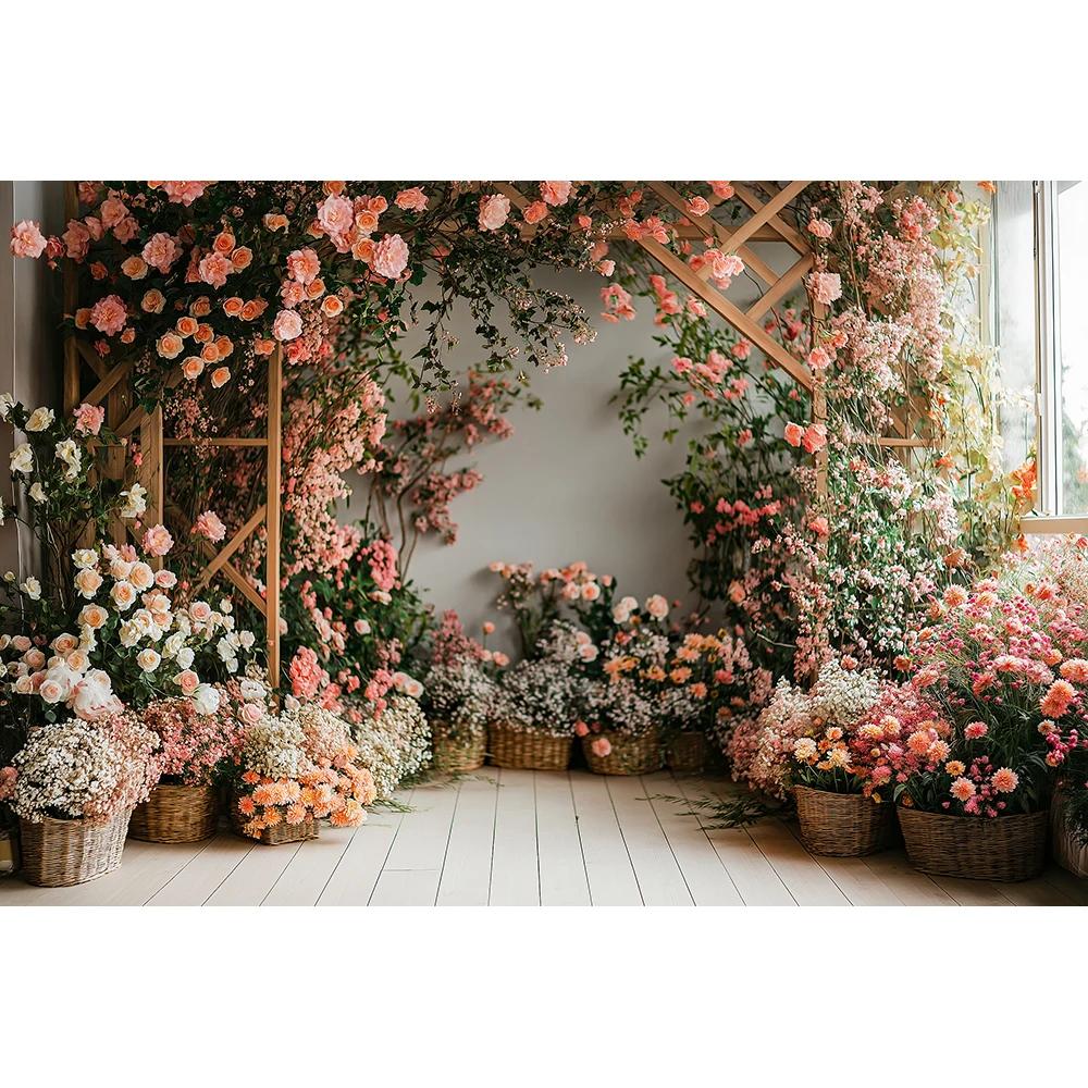 Flower arched wooden grid themed children's birthday party Backdrop, adult wedding, family gathering banner photography Backdrop7