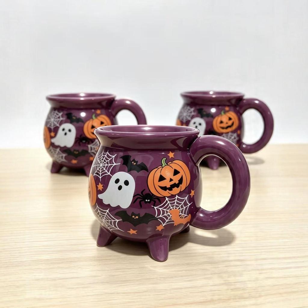 Taza de Cerámica de Halloween - Forma de Caldero Morado con Calabaza y Diseño, Vajilla para Fiestas Festivas, 12 oz