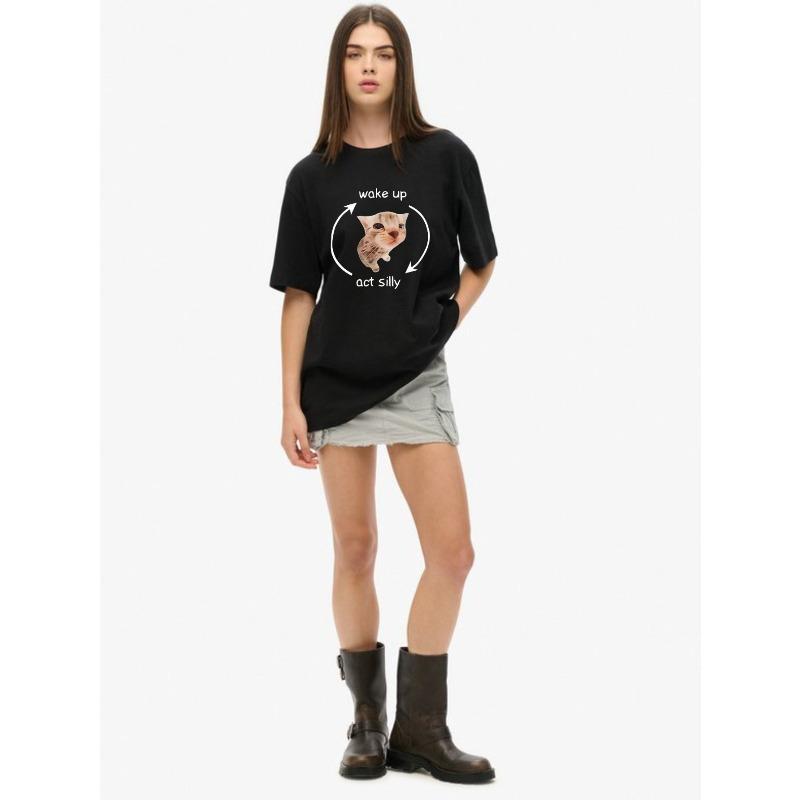 Oversized T-Shirt Black Cat Print Wake Up Act Silly Graphic Tee Casual Everyday Wear