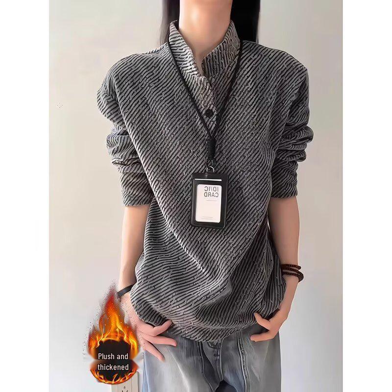 Men's Retro Plus Velvet Velour Hoodie - Autumn/Winter Henley Style, Clean Fit Twill Base Layer