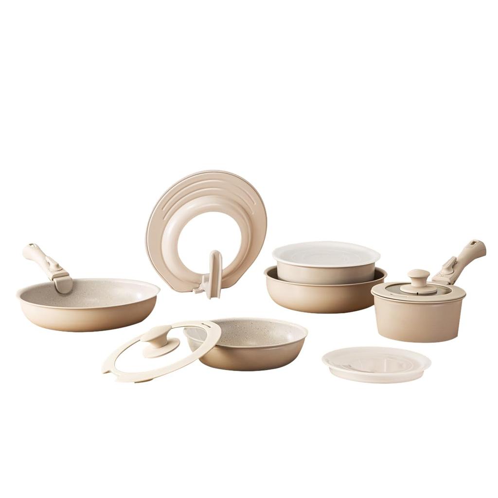 Nitori (NITORI) 12-Piece Set of Lightweight, Stain-Resistant Pots and Pans with Detachable Handles, TORERU3, Beige, 2111200005288