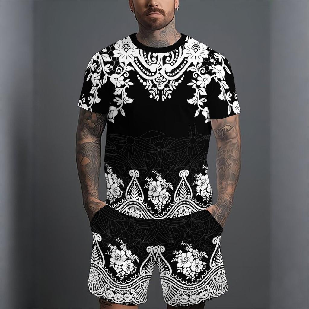 Men Vintage Floral Mandala Print Short Sleeve Top And Matching Knee Shorts Two Piece Outfit