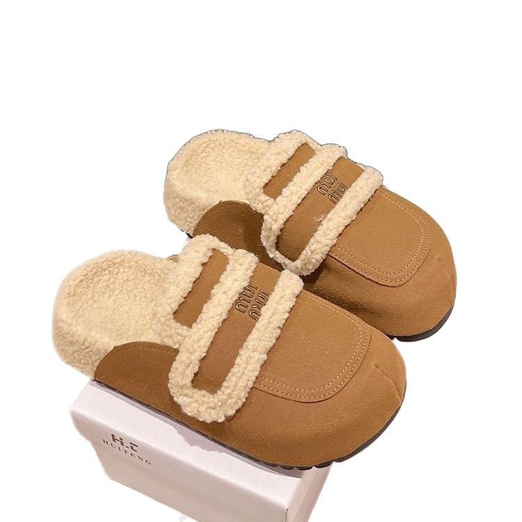 Retro bag head fluffy slippers winter new outer wear thick bottom Birkenstock half slippers velvet