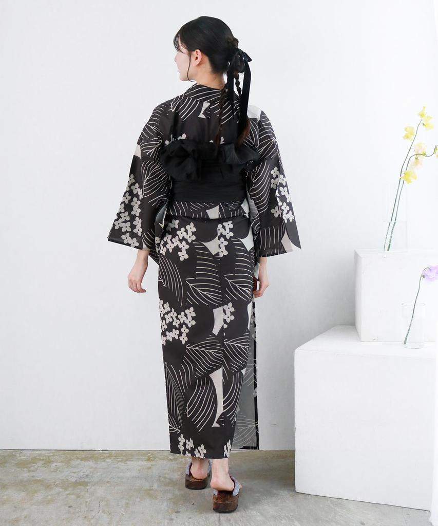 Yukata Unique Set Heiko AB Painting Flower Free [KYOETSU] [Kyoetsu] Set, Weave, Two-Piece (Yukata, Obi), Women's (Ink Shadow, Size)