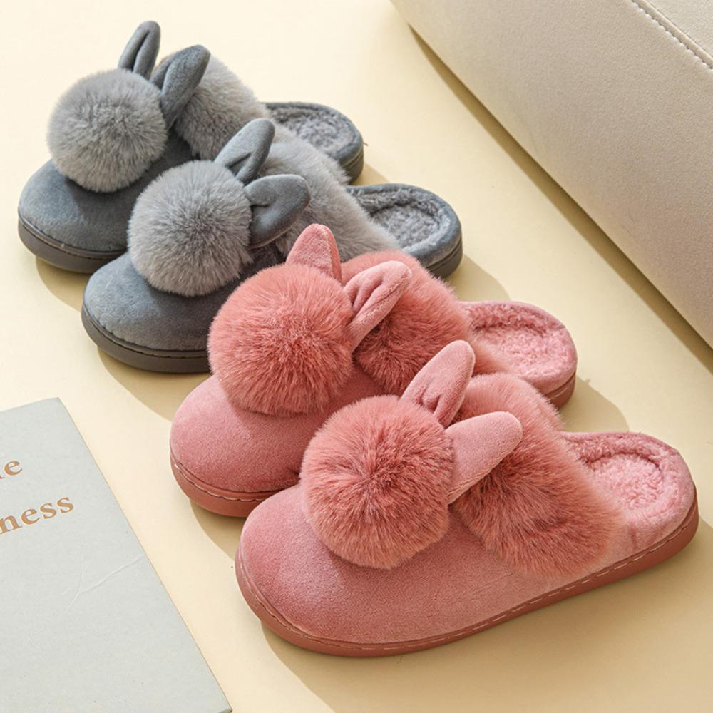 Women'S Winter Plush Rabbit Ear Indoor Cotton Mop Thick Soft Sole Slides Men Women Indoor Floor Flat Home Non-Slip Shoes
