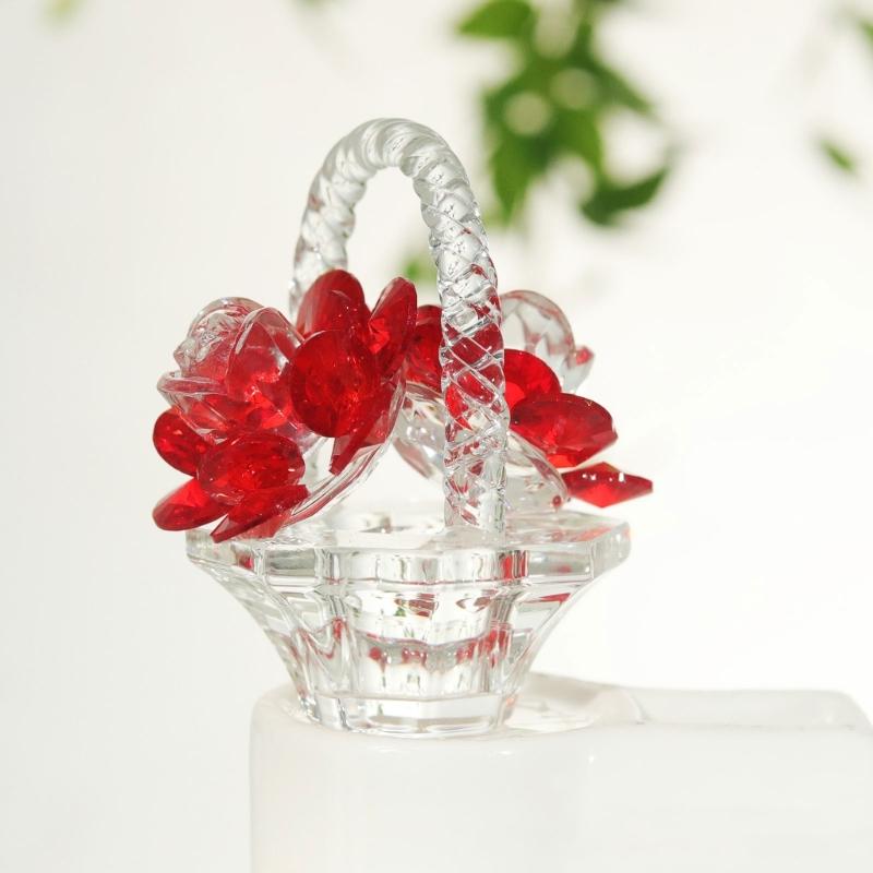 Elegant Crystals Rose Basket Figurine for Home Decoration, Sparkling Tabletop Ornament for Living Room