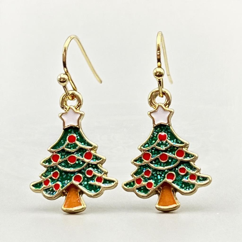 Sparkling Christmas Tree Beaded Hook Earrings: European & American Drip Oil with Glitter