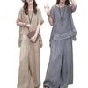 2 Pcs/Set Women Top Pants Set Round Neck Half Sleeves Irregular Hem Blouse Wide Leg Elastic Waist Wide Leg Trousers Daily Leisure Dating Outfit