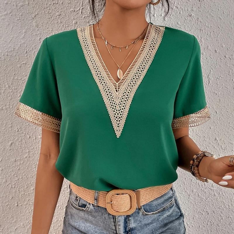 Women's Fashion Shirts Casual Shirt Summer Spring Solid Color Print Lace Short Sleeve V-Neck Blouses & Shirts