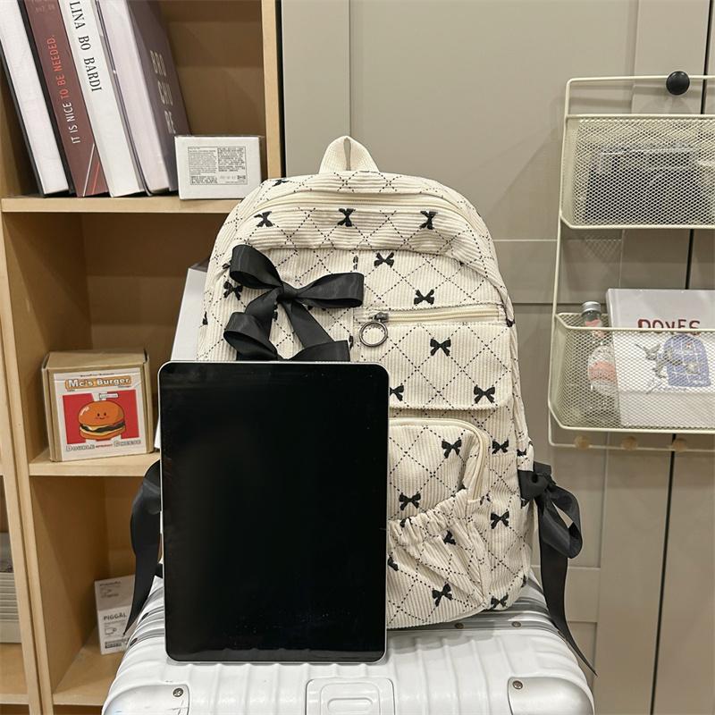 Corduroy Backpack Large Capacity Bow Print Backpack Student Schoolbag