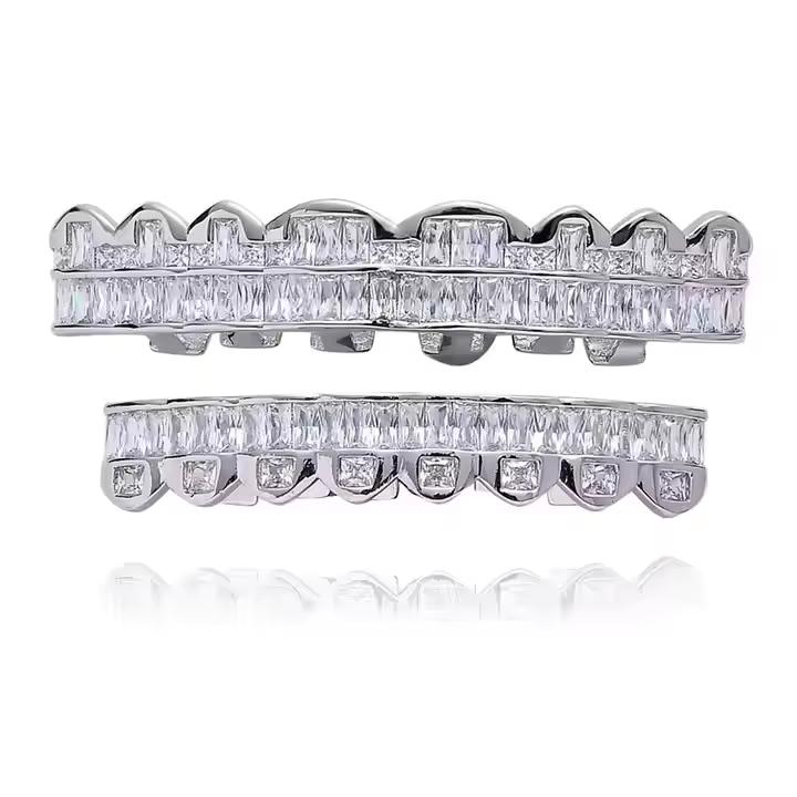 Fashion Eight Tooth Brass Grillz Hip Hop Bling Iced T-Square Zircon Gold Plated Jewelry for Party