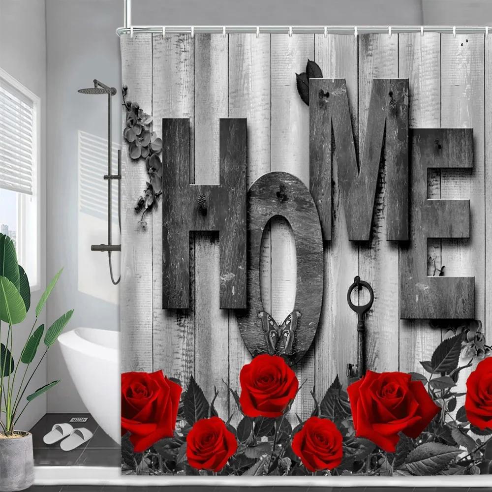 

Red Rose Shower Curtain, Valentine S Day Water Drops Wooden Panel Butterfly Valentine S Day Animal Romantic Heels Bathroom Dec W60H190(CM)-1 Pcs