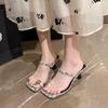 Fashion High-Heeled Shoes Lady Slippers Casual Square Heel Low Jelly Slides Slipers Women Luxury Block Glitter 2025 Summer