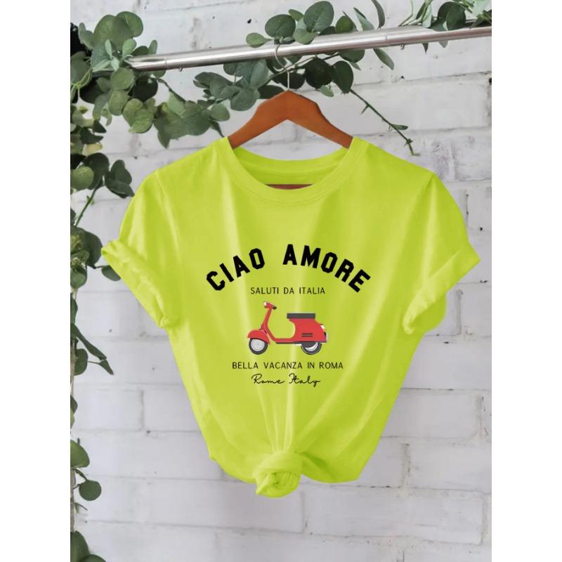 Tricou de bumbac de vară cu mânecă scurtă și gât rotund, cu model imprimat, pentru femei