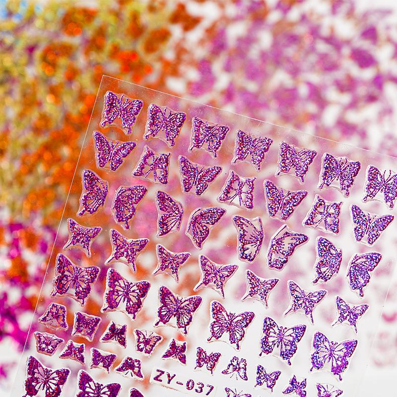 4Sheets Holographic 3D Butterfly Nail Art Stickers Adhesive Sliders Colorful DIY Golden Nail Transfer Decals Foils Wraps Decorations