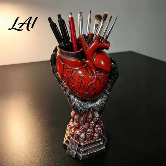 Skull Base Ornament Hand Holding Human Heart Organ Vase Gothic Anatomical Shaped Planter Spooky Halloween Desktop Flower Pot for Living Room