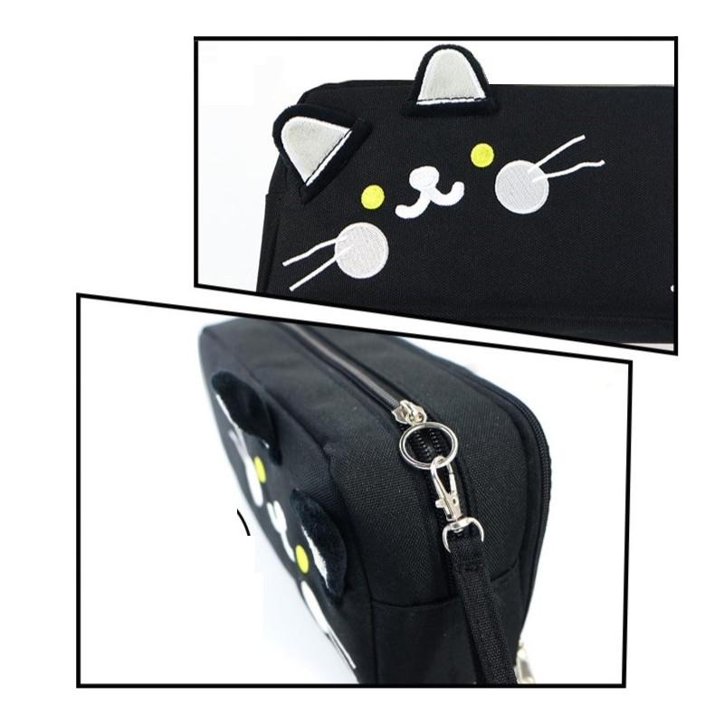 Large Multifunctional Pencil Case with Two Compartments Black Happy Cat for Children