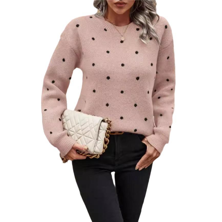 Women's European & American Fashion Polka Dot Jacquard Knit Sweater - Round Neck, Long Sleeve Pullover.