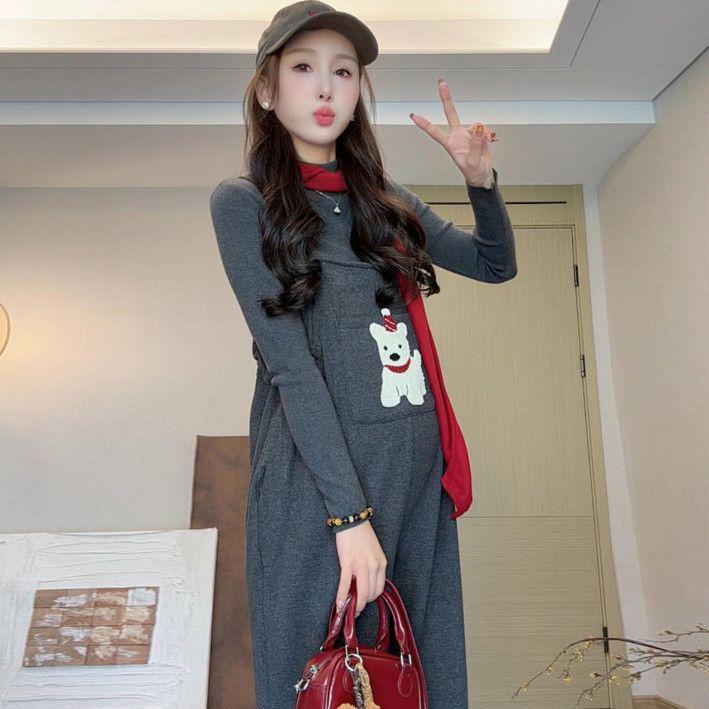 

2025 Winter Maternity Wear: Knit Base Layer & Cute Cartoon Overalls Two-Piece Set XL (125-145 lbs)