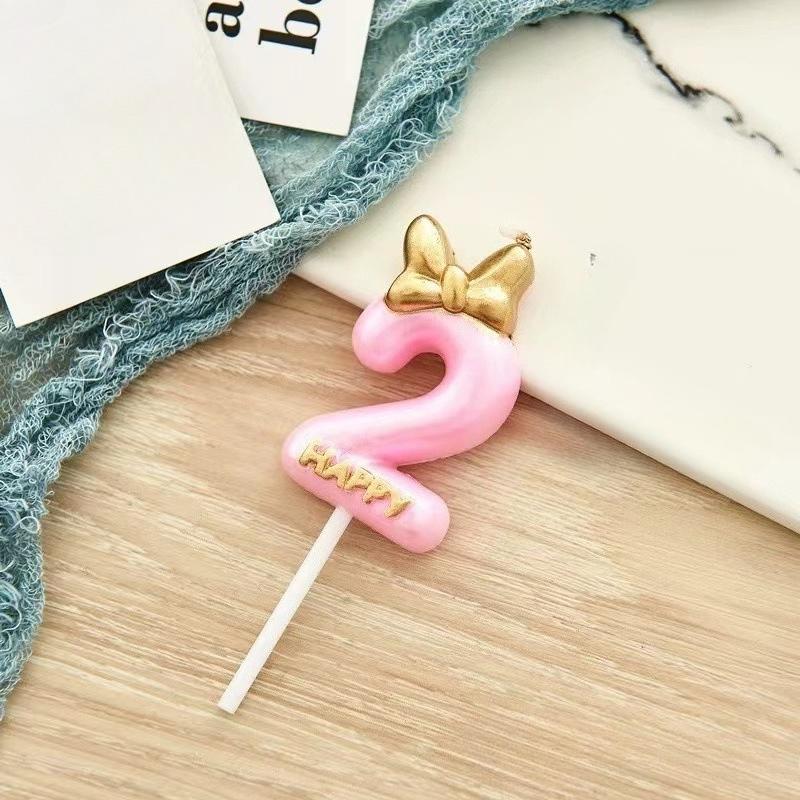 1pc Pink Numbered Birthday Candles Golden Bow Cake Decoration for Children boys Girls Teenage Birthday Baking Decoration Plugins