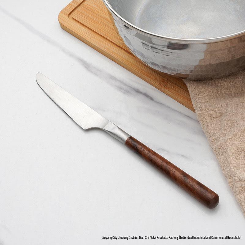 304 Stainless Steel Western Cutlery Set with Walnut Handles: Knife, Fork, Spoon, Cake Server, Bread Knife, Soup Spoon, Serving Spoon.
