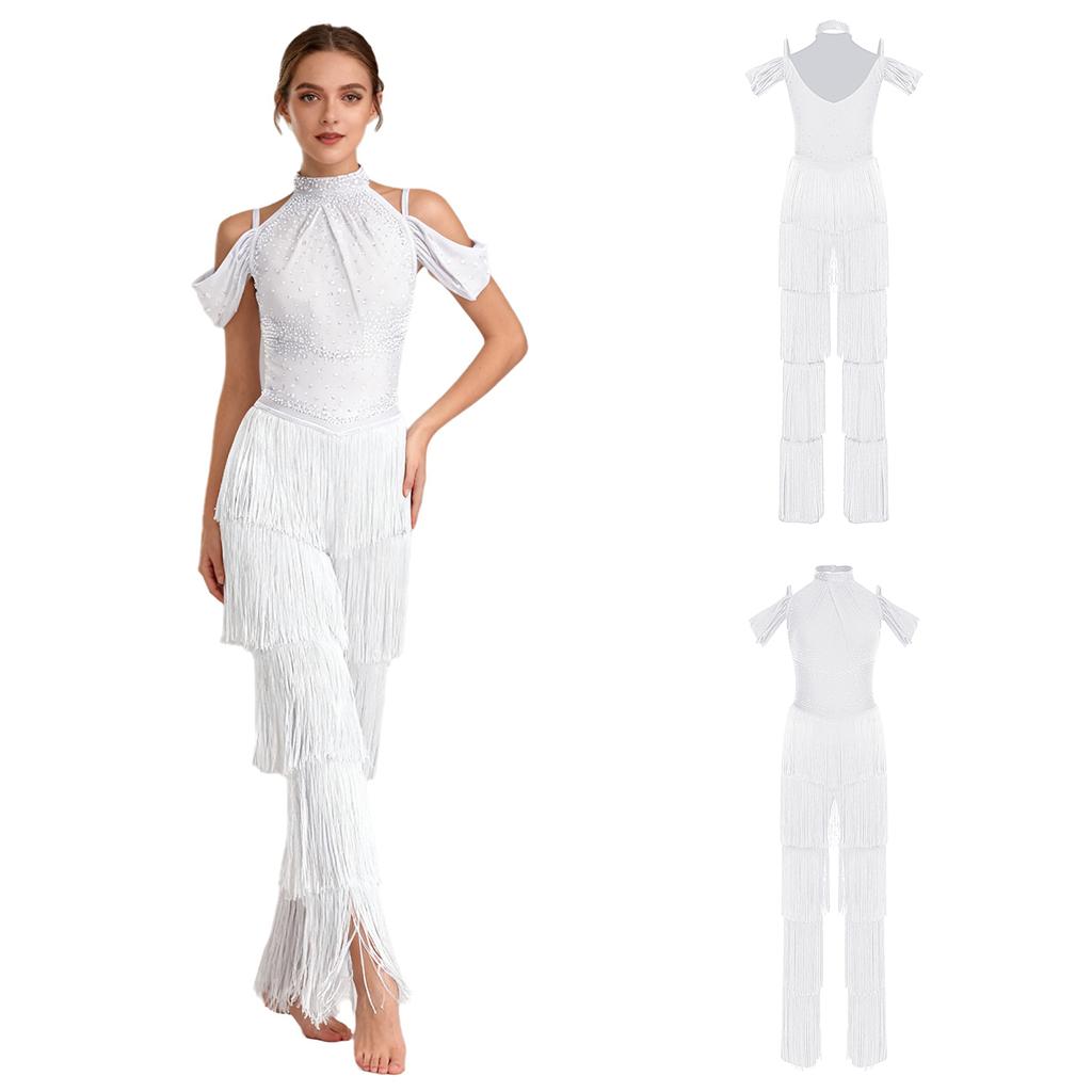 Damen Latein-Tanzparty Jumpsuit S-XXL: Halter Off-Shoulder rückenfreie Strampler mit Strasssteinen, mehrstufigen Quasten für Samba, Rumba, Gesellschaftstanz