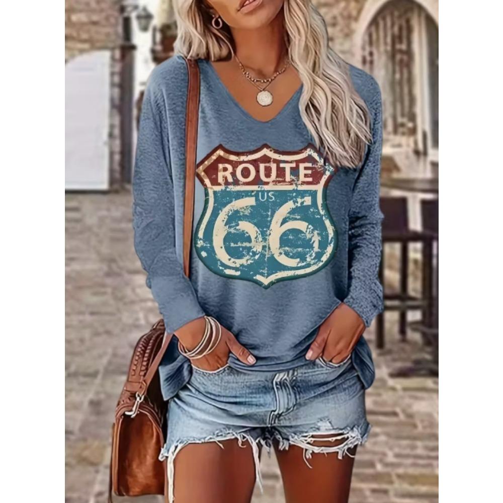 Cat Print Colorblock T-Shirt, Casual V-Neck Long Sleeve T-Shirt